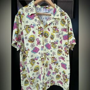 SpongeBob SquarePants Men's XL Yellow Pink Button Down Short Sleeve Shirt